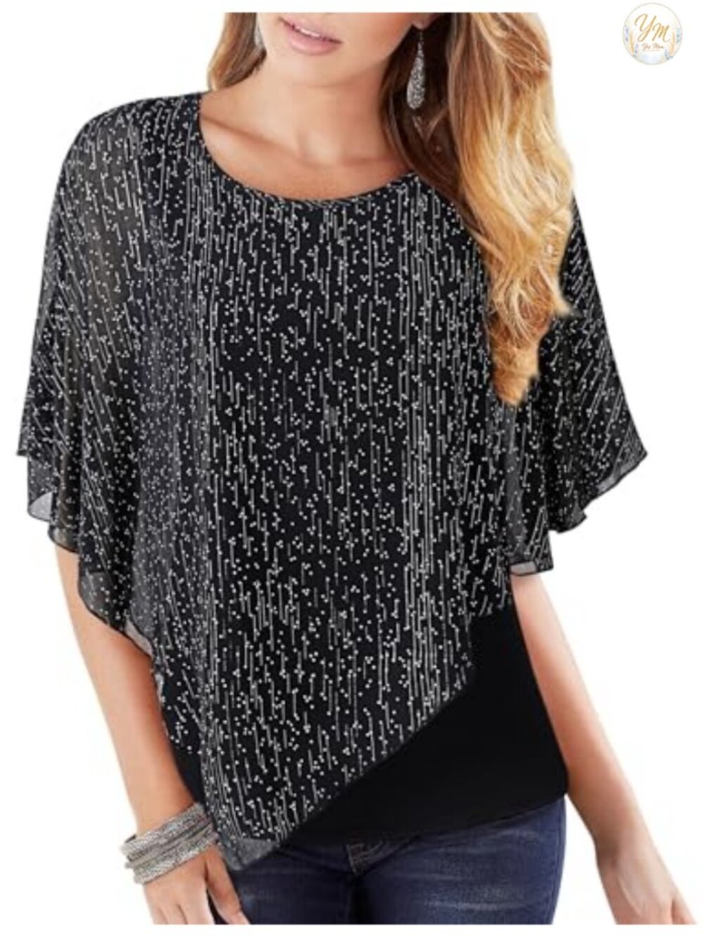 Womens Dressy Sparkle Chiffon Poncho Blouse Cape Sleeve Party Top